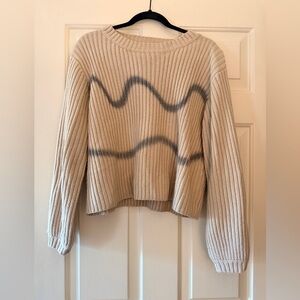 Listicle Cream Ribbed Crewneck Sweater with Gray Wave Motif